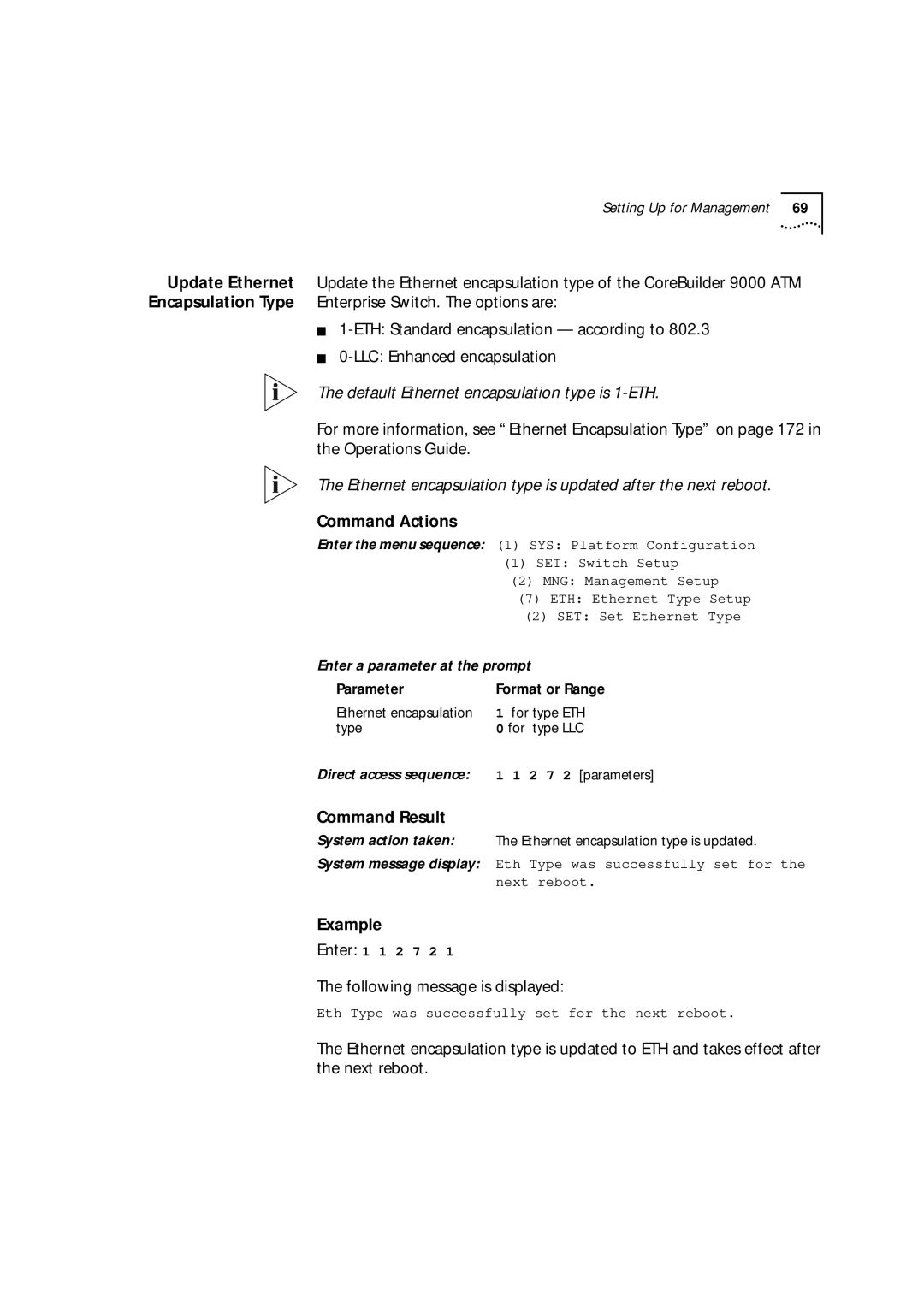 3Com 9000 manual ETH Ethernet Type Setup, SET Set Ethernet Type, Eth Type was successfully set for 
