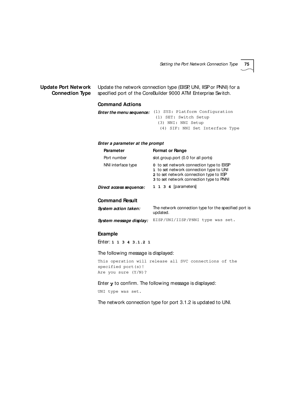 3Com 9000 Enter y to confirm. The following message is displayed, Network connection type for port 3.1.2 is updated to UNI 