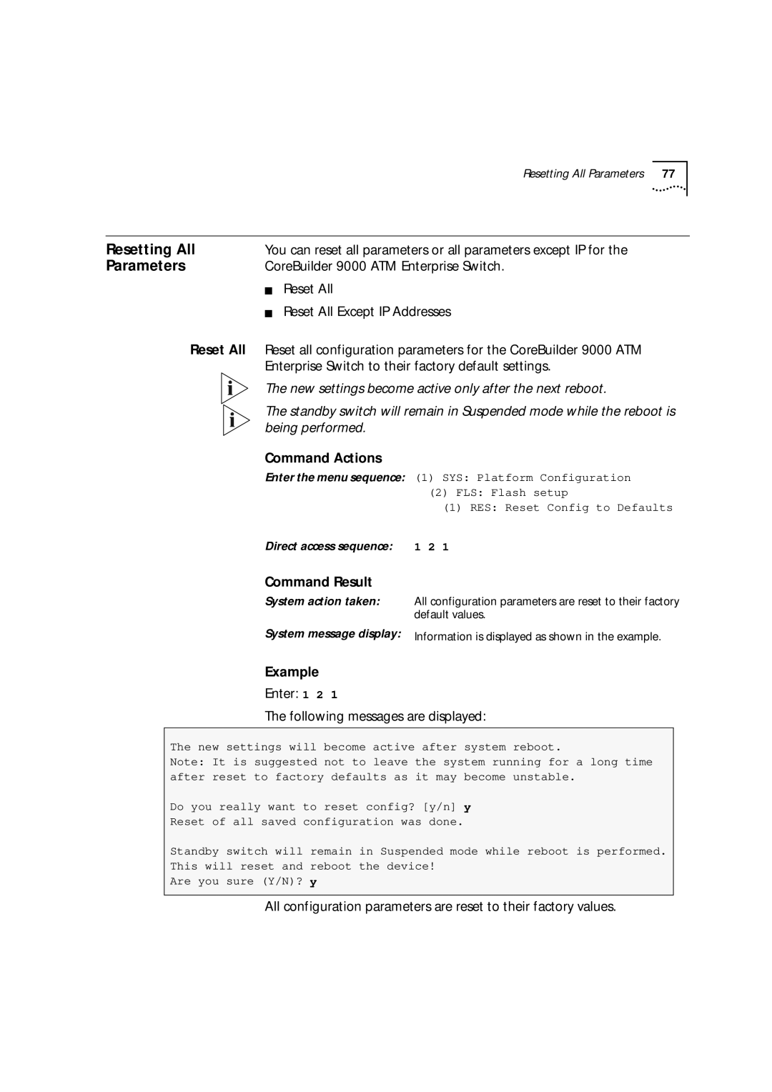 3Com Resetting All, Parameters, CoreBuilder 9000 ATM Enterprise Switch, Enter 1 2 Following messages are displayed 