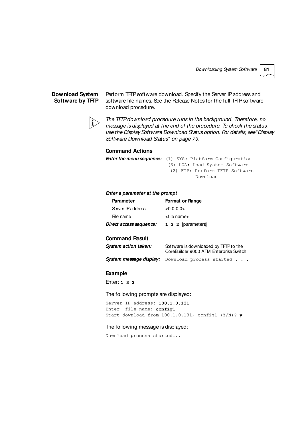 3Com 9000 manual Download procedure, Enter 1 3 Following prompts are displayed 