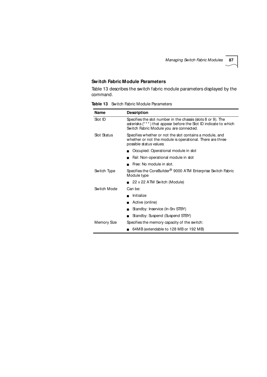 3Com 9000 manual Switch Fabric Module Parameters, Name Description 