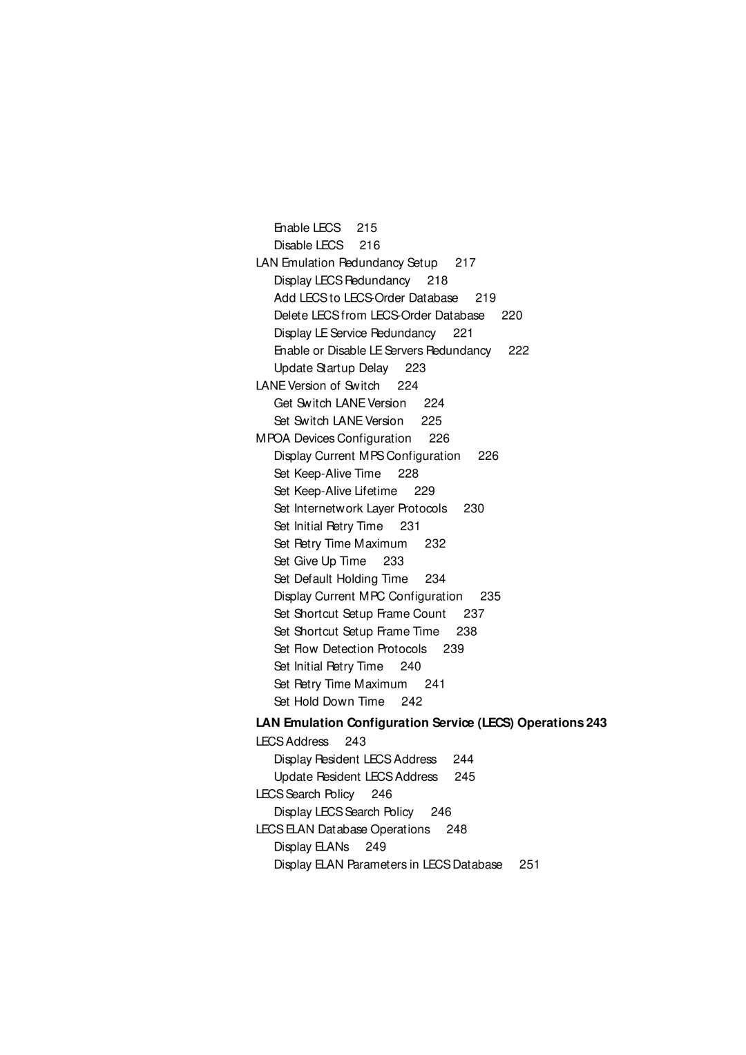 3Com 9000 manual 218, 222, Update Startup Delay 223 Lane Version of Switch 224, 229, Lecs Address, 244, 245 