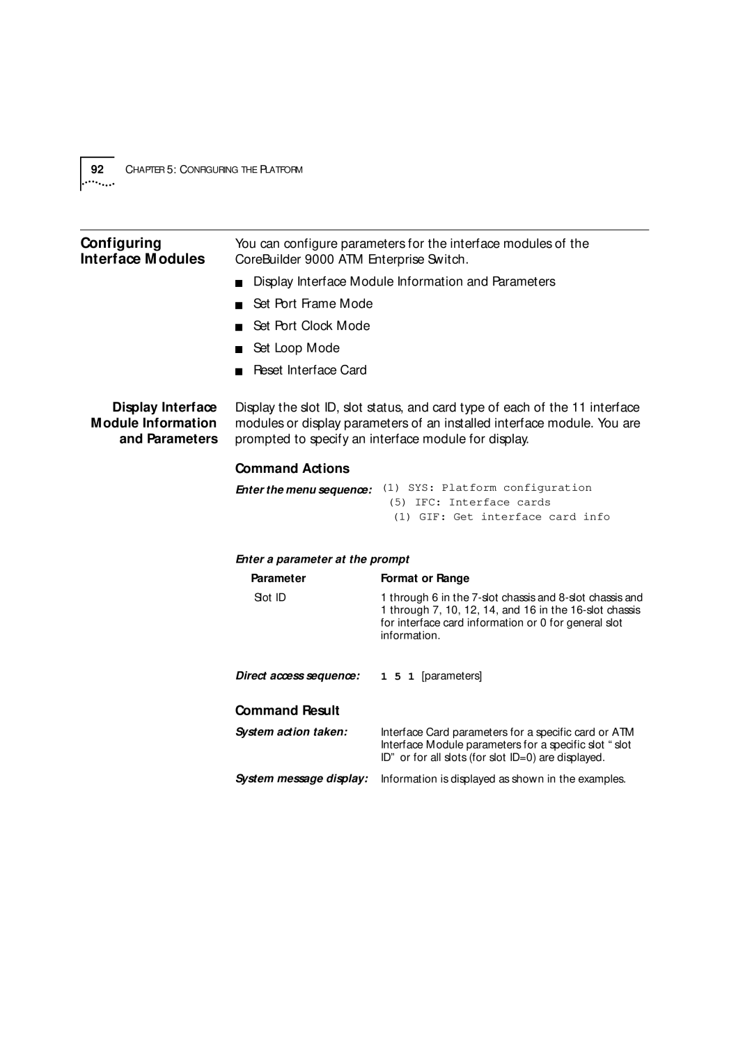 3Com 9000 manual Configuring, Interface Modules, Display Interface, Module Information, Parameters 
