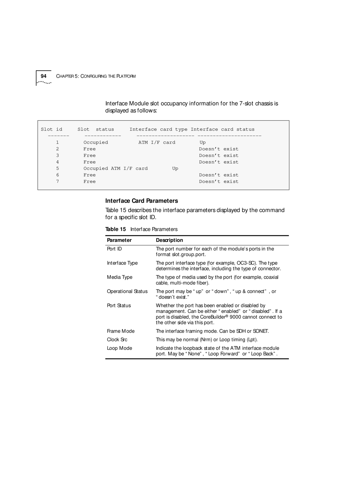 3Com 9000 manual Interface Card Parameters, Interface Parameters 