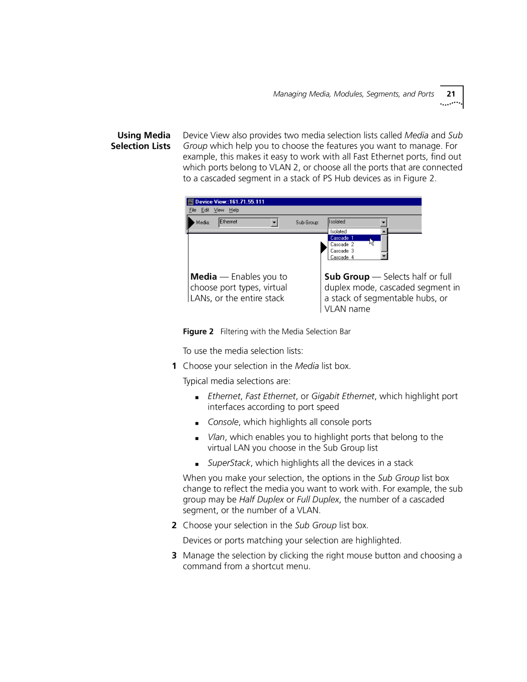 3Com 9000 manual Filtering with the Media Selection Bar 