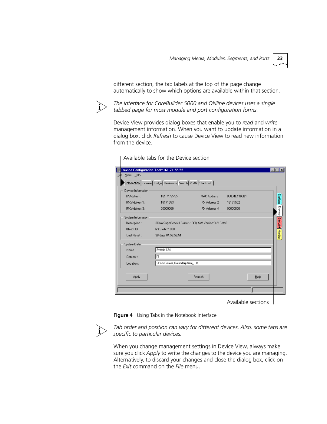 3Com 9000 manual Using Tabs in the Notebook Interface 