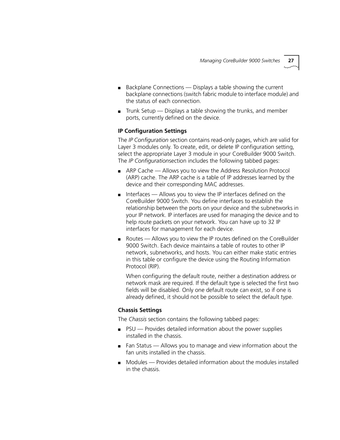 3Com 9000 manual IP Configuration Settings, Chassis Settings 