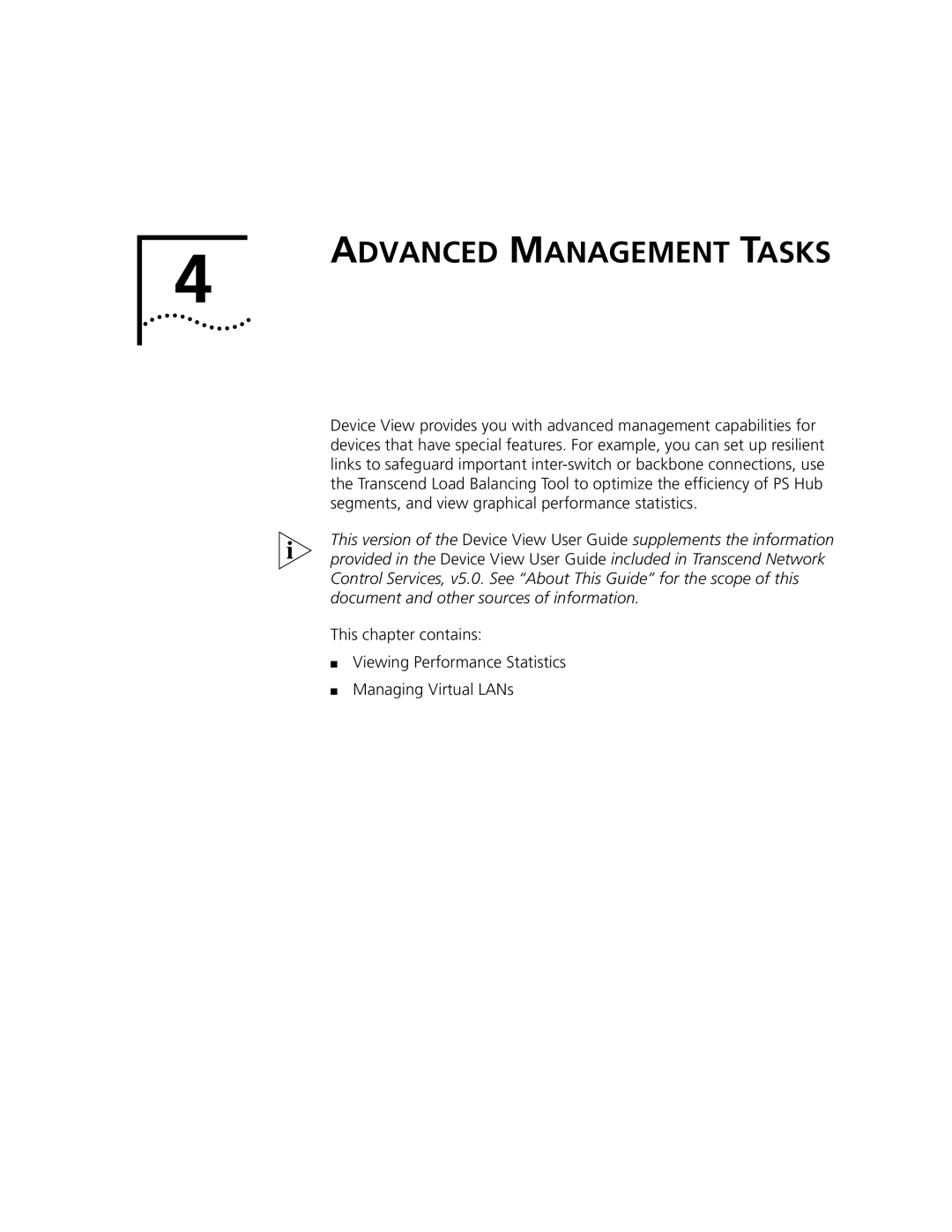 3Com 9000 manual Advanced Management Tasks, This chapter contains Viewing Performance Statistics, Managing Virtual LANs 