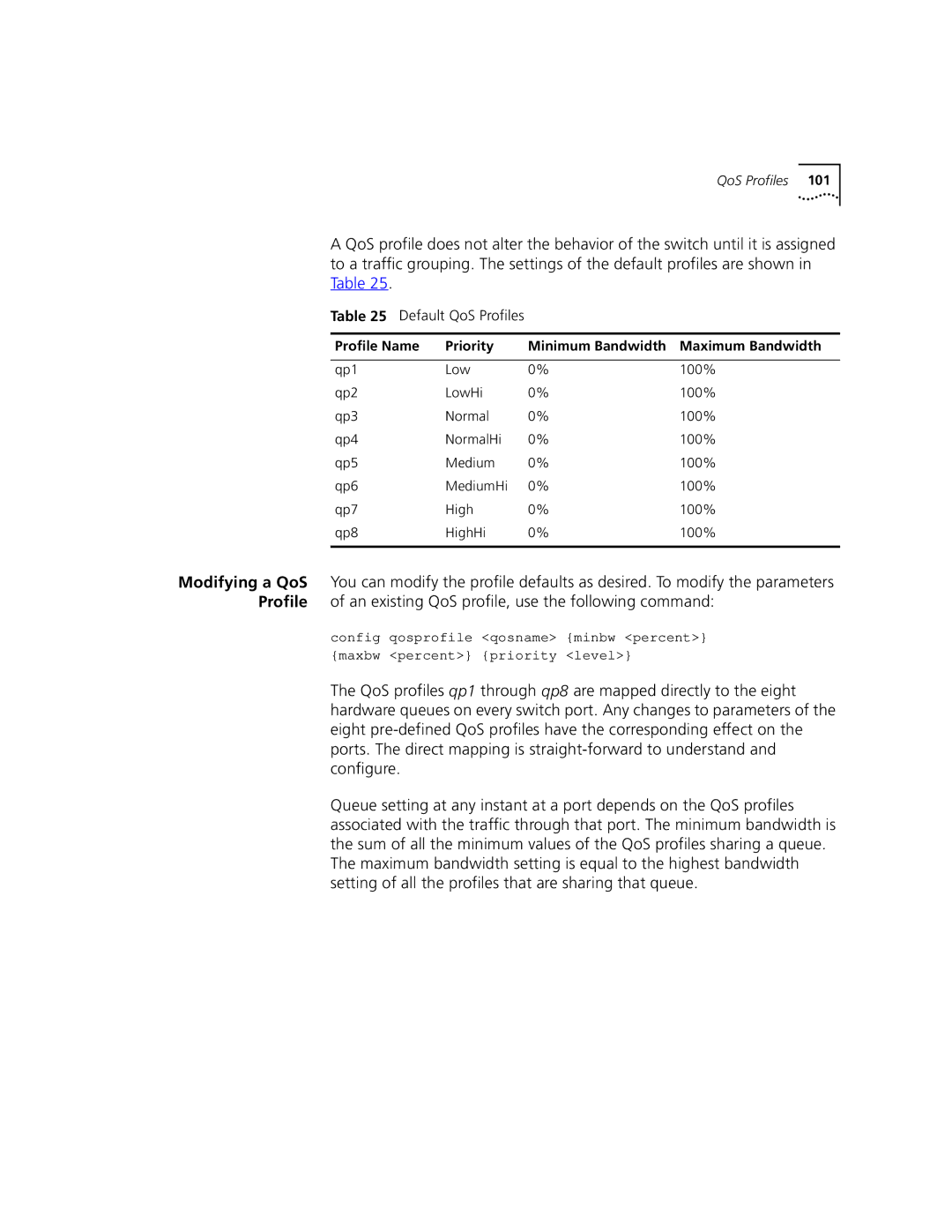 3Com 9100 manual Profile Name Priority Minimum Bandwidth Maximum Bandwidth 