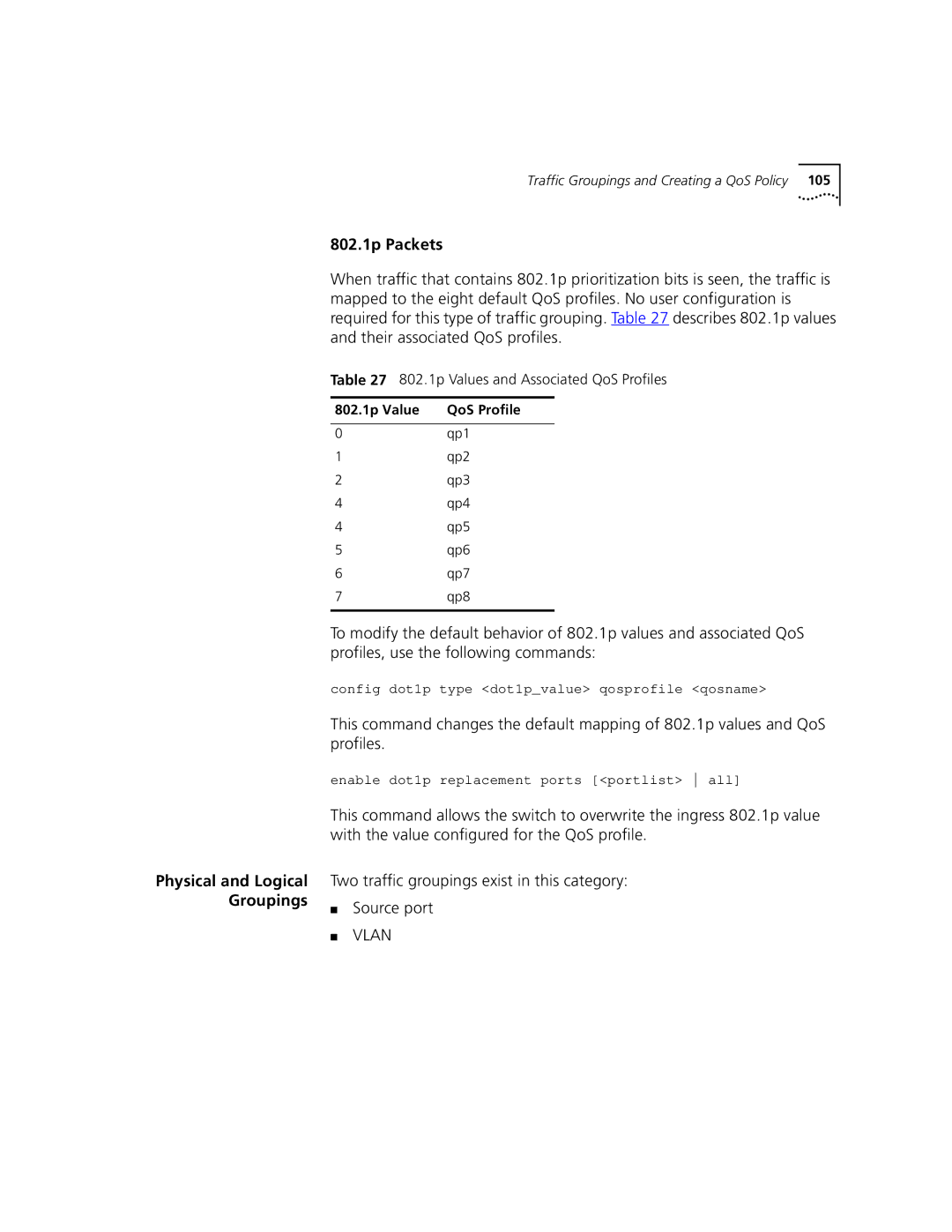 3Com 9100 802.1p Packets, Physical and Logical Groupings, 802.1p Value, Config dot1p type dot1pvalue qosprofile qosname 