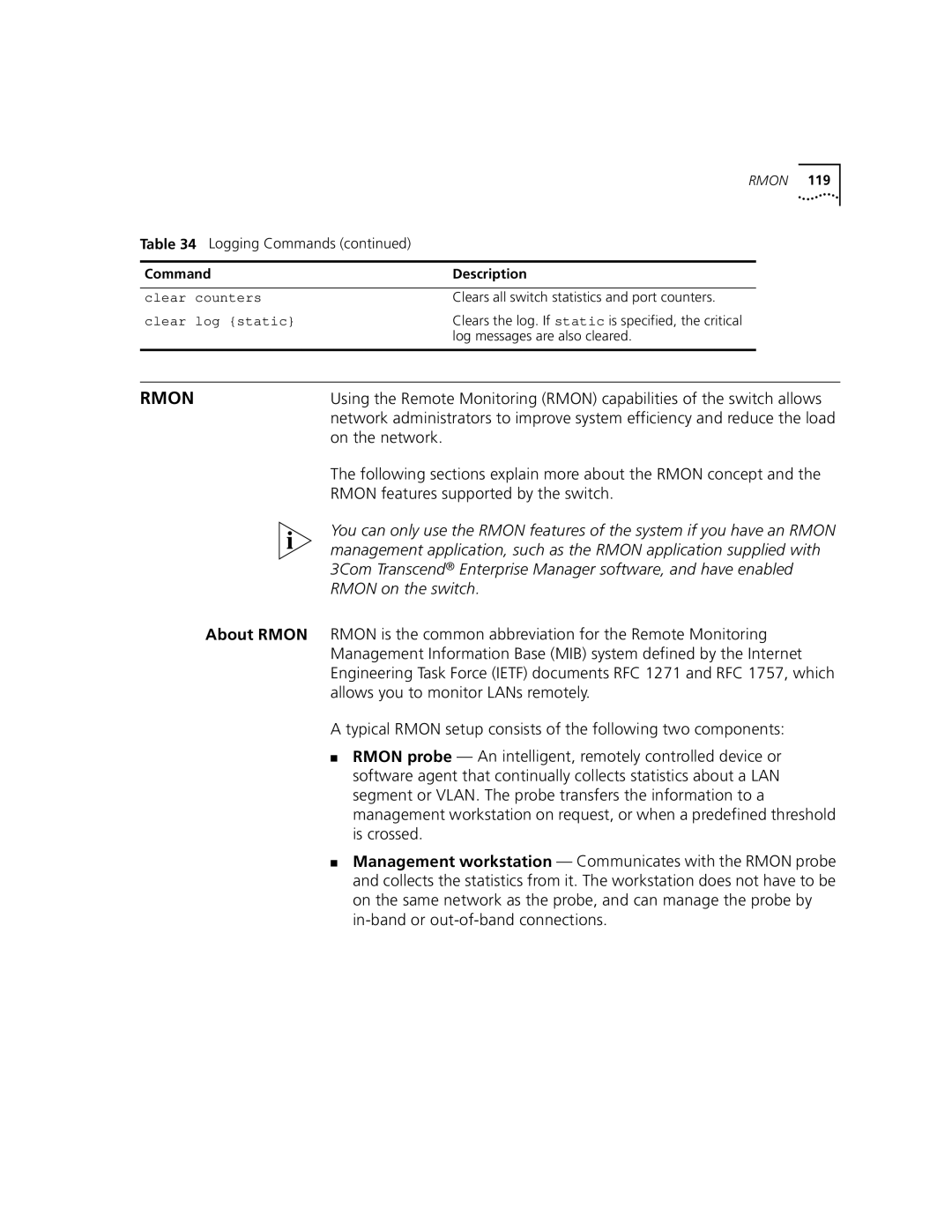 3Com 9100 manual On the network, Rmon features supported by the switch, Allows you to monitor LANs remotely, Clear Counters 