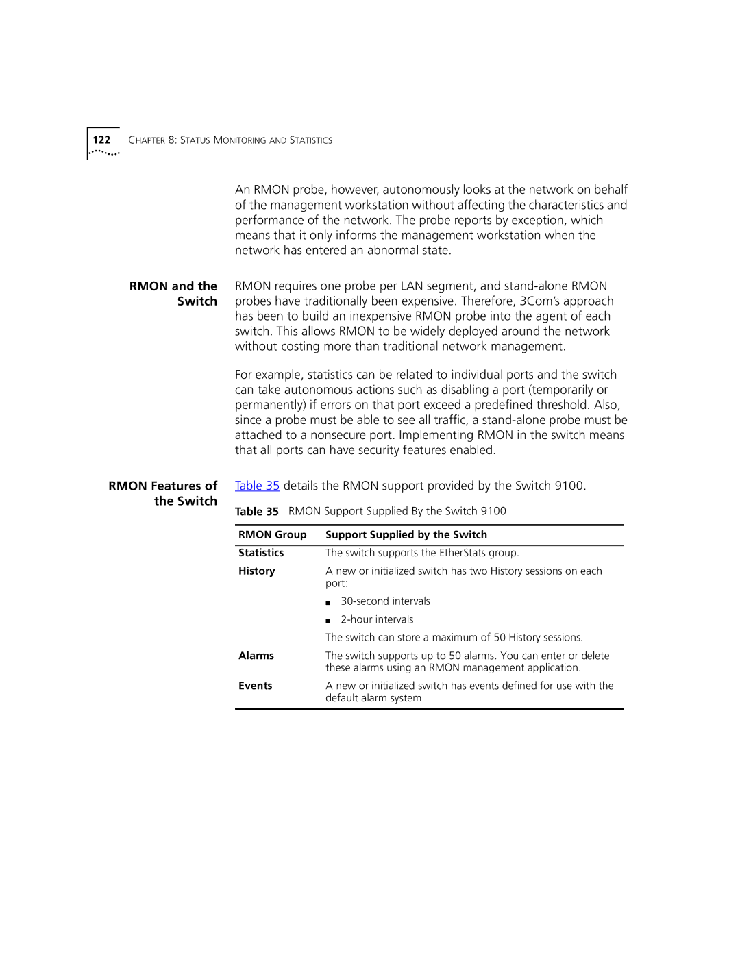 3Com 9100 manual Rmon Group Support Supplied by the Switch Statistics, History, Alarms, Events 