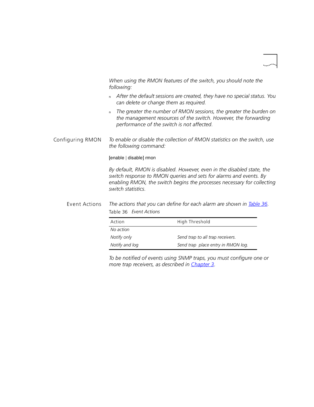 3Com 9100 manual Enable disable rmon, Action High Threshold 
