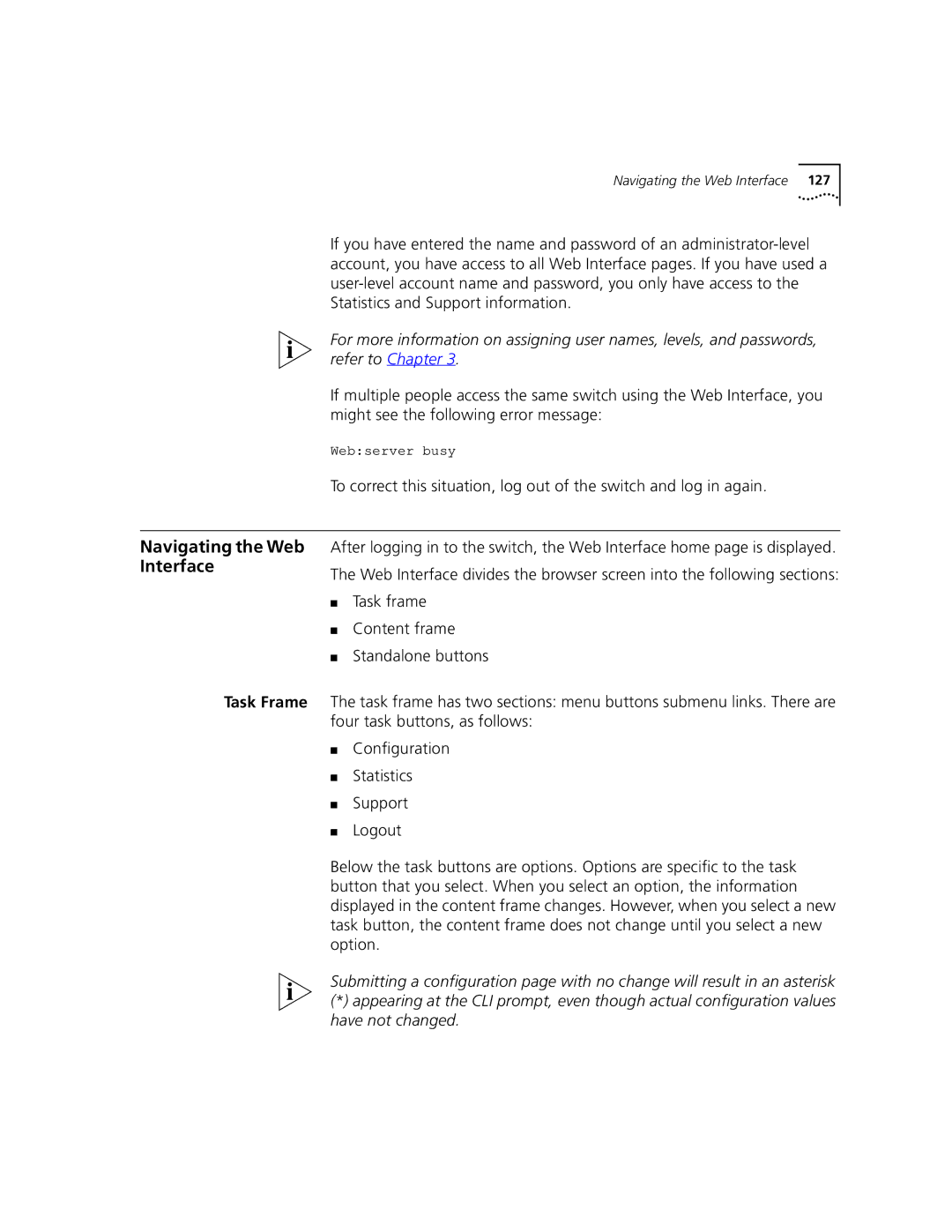 3Com 9100 manual Navigating the Web Interface, Task Frame, Webserver busy 