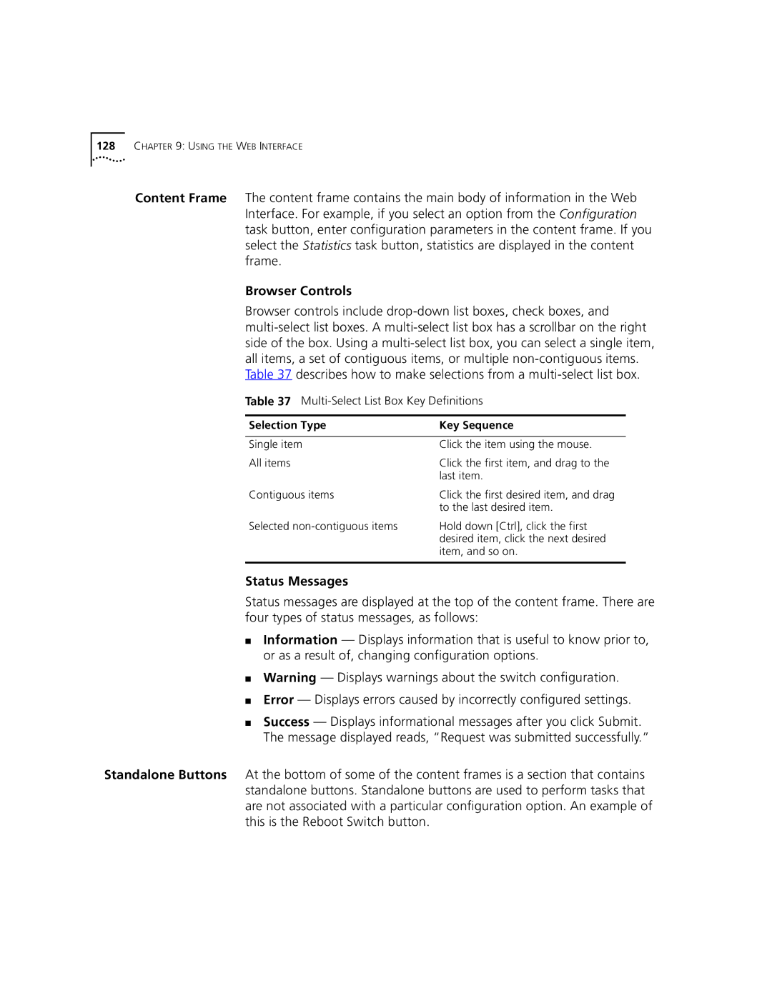 3Com 9100 manual Browser Controls, Status Messages, Selection Type Key Sequence 