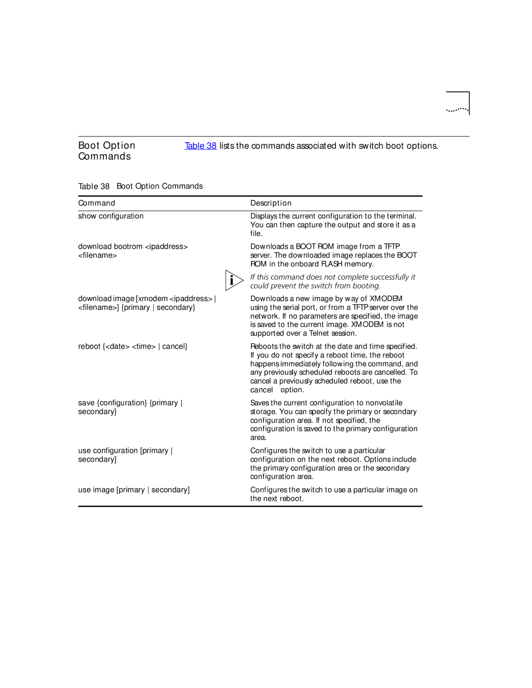 3Com 9100 manual Boot Option, Show configuration, Cancel option, Save configuration primary, Use configuration primary 