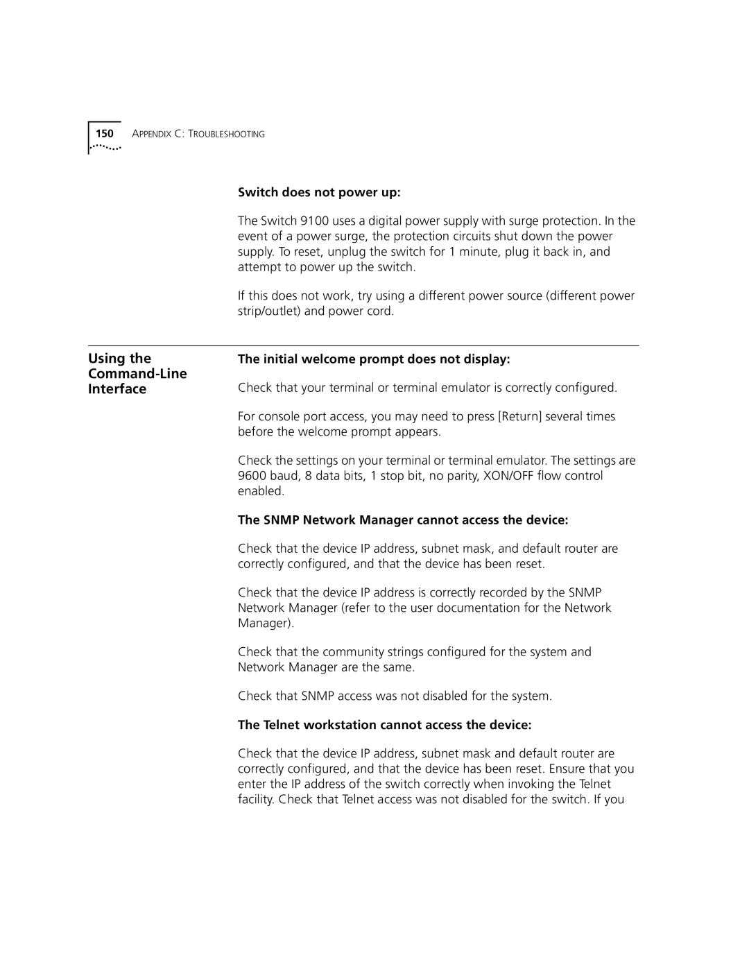 3Com 9100 manual Using Command-Line Interface, Switch does not power up, Initial welcome prompt does not display 