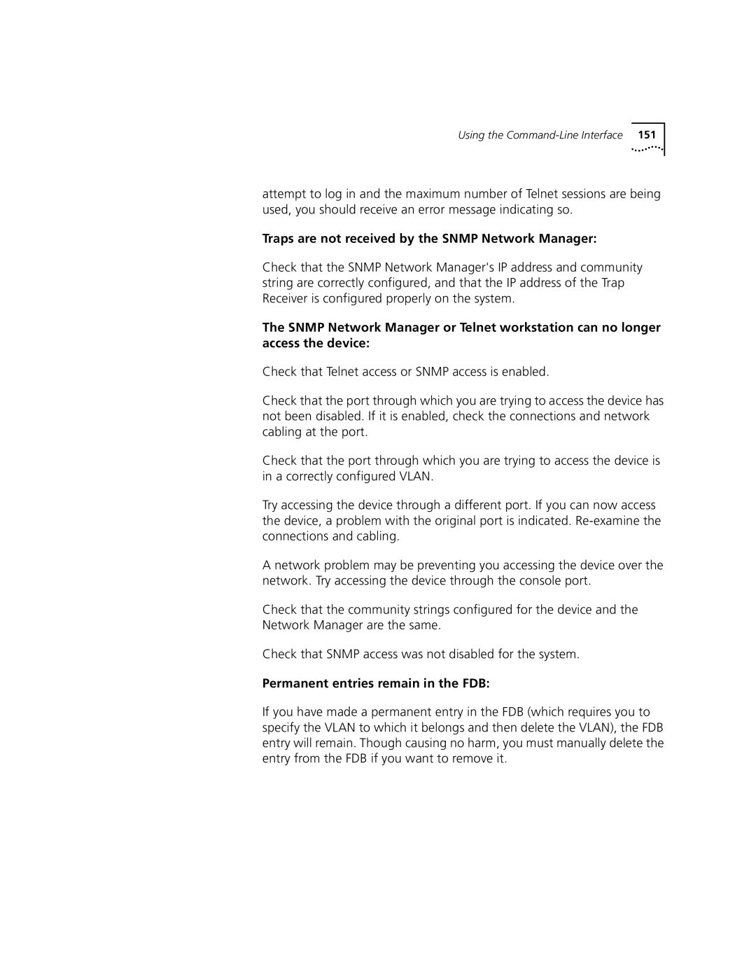 3Com 9100 manual Traps are not received by the Snmp Network Manager, Permanent entries remain in the FDB 