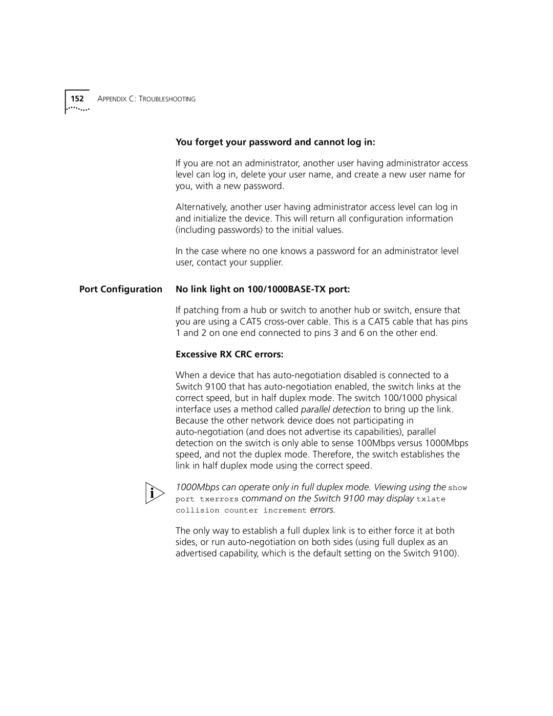 3Com 9100 manual You forget your password and cannot log, Port Configuration No link light on 100/1000BASE-TX port 