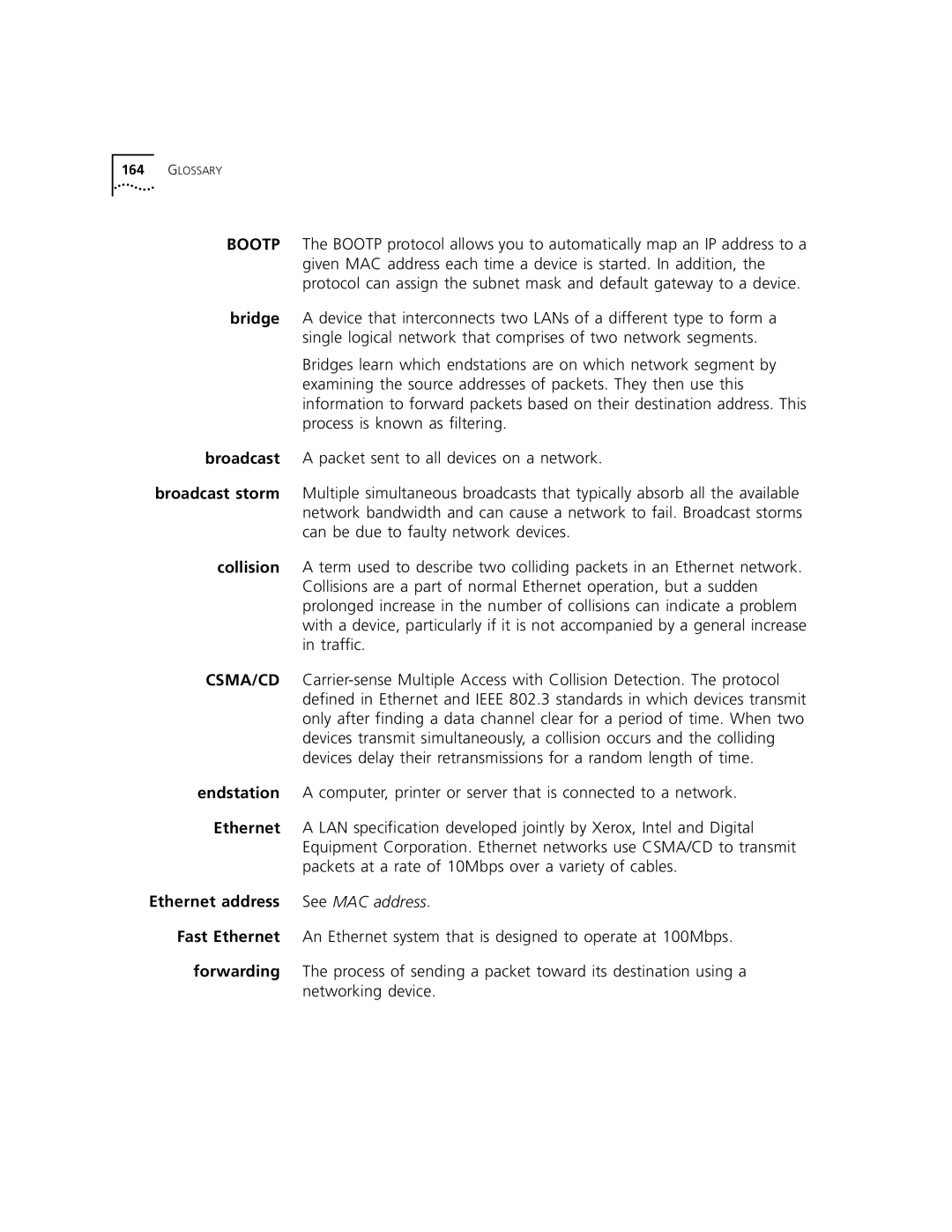 3Com 9100 manual Bridge, Broadcast storm, Collision, Endstation, Fast Ethernet, Forwarding 