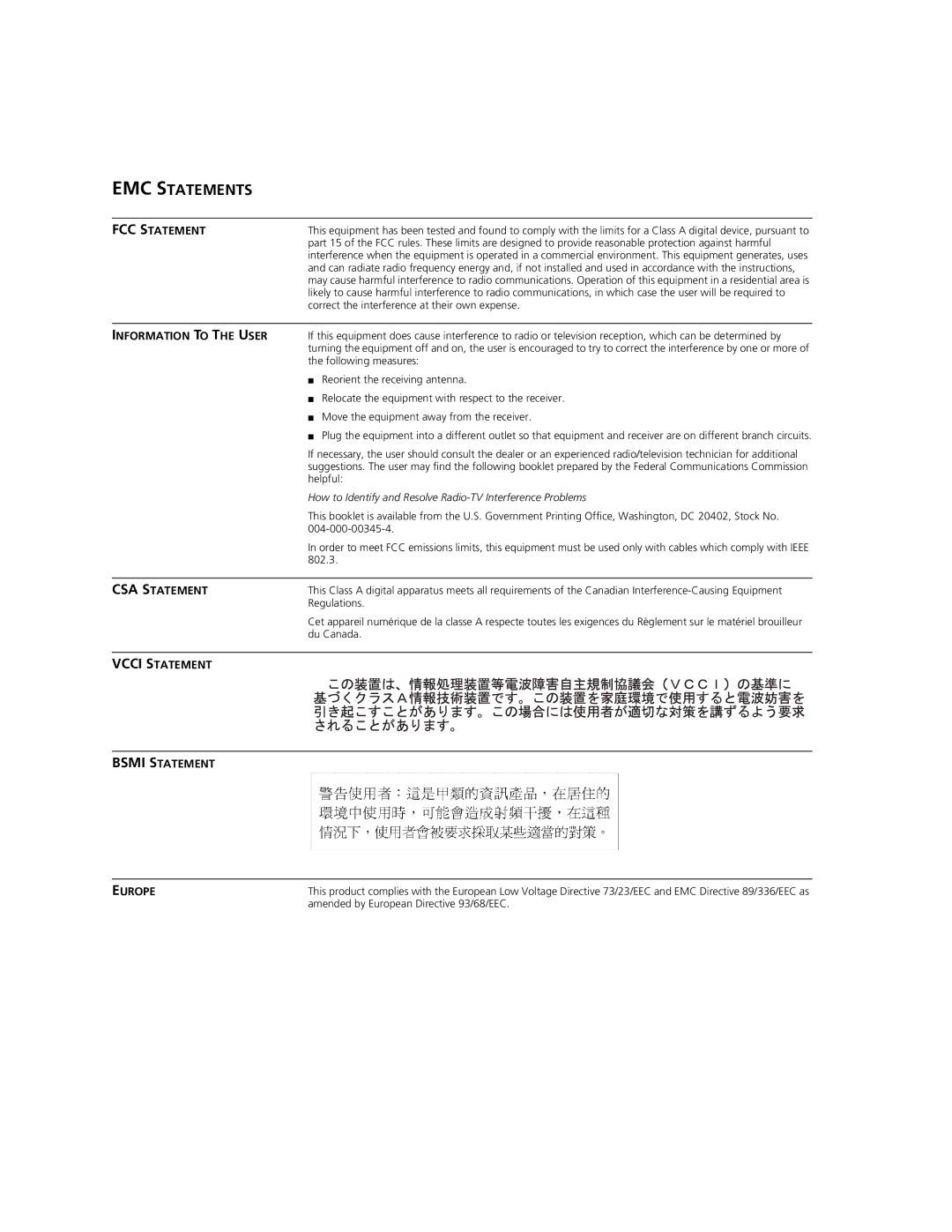 3Com 9100 manual EMC Statements 