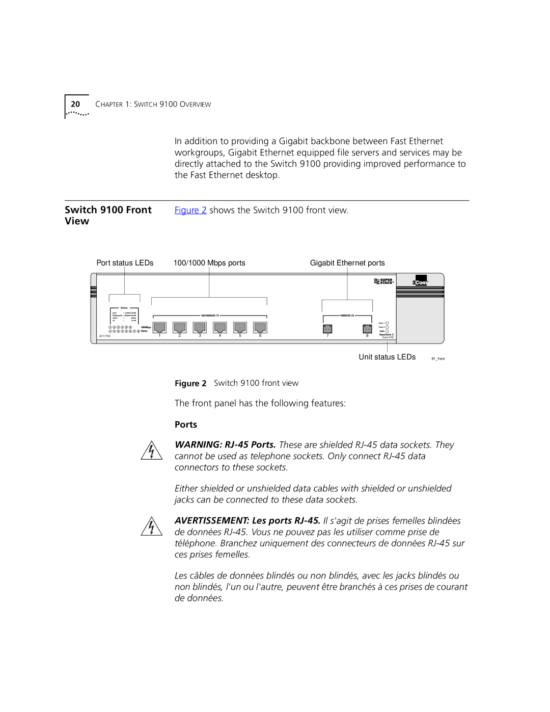 3Com 9100 manual View, Front panel has the following features, Ports 