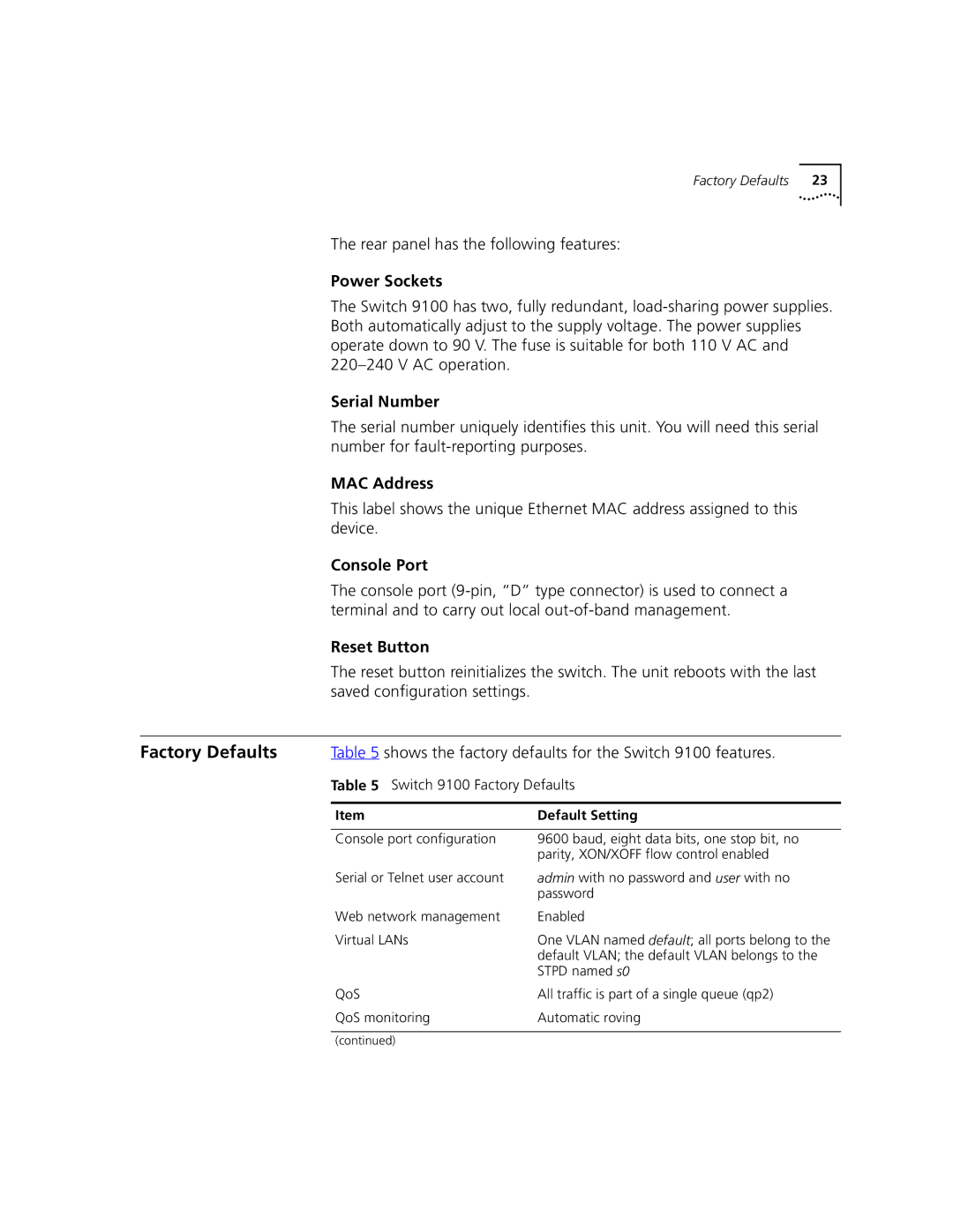 3Com 9100 manual Power Sockets, Serial Number, MAC Address, Console Port, Reset Button 