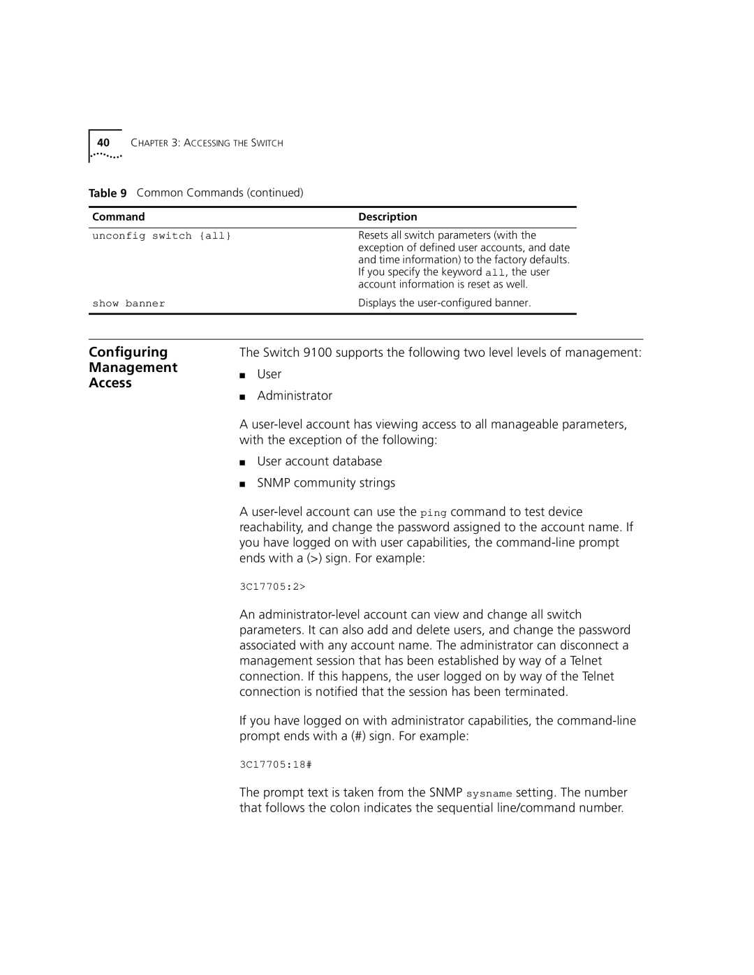 3Com 9100 manual Configuring Management Access, Unconfig switch all, Show banner, 3C177052, 3C1770518# 