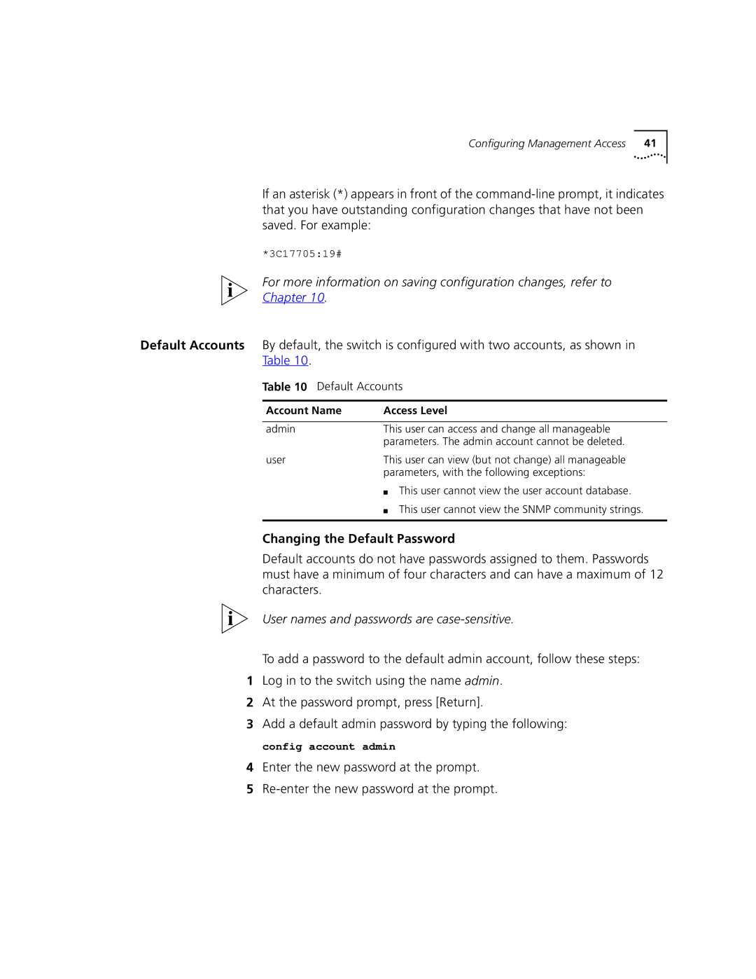 3Com 9100 manual Changing the Default Password, 3C1770519#, Account Name Access Level 