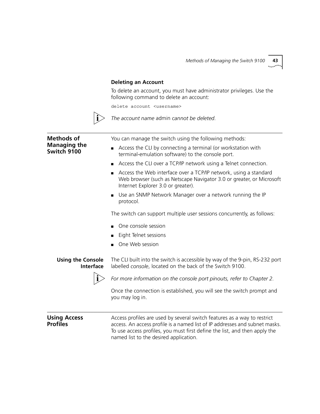 3Com 9100 Methods Managing Switch, Using Access, Profiles, Deleting an Account, Named list to the desired application 