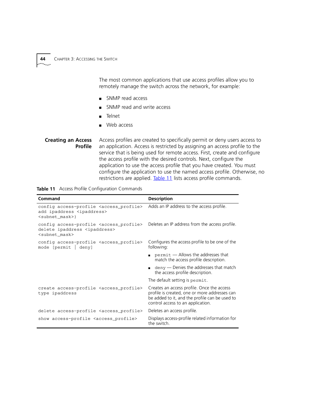 3Com 9100 manual Command Description, Config access-profile accessprofile 