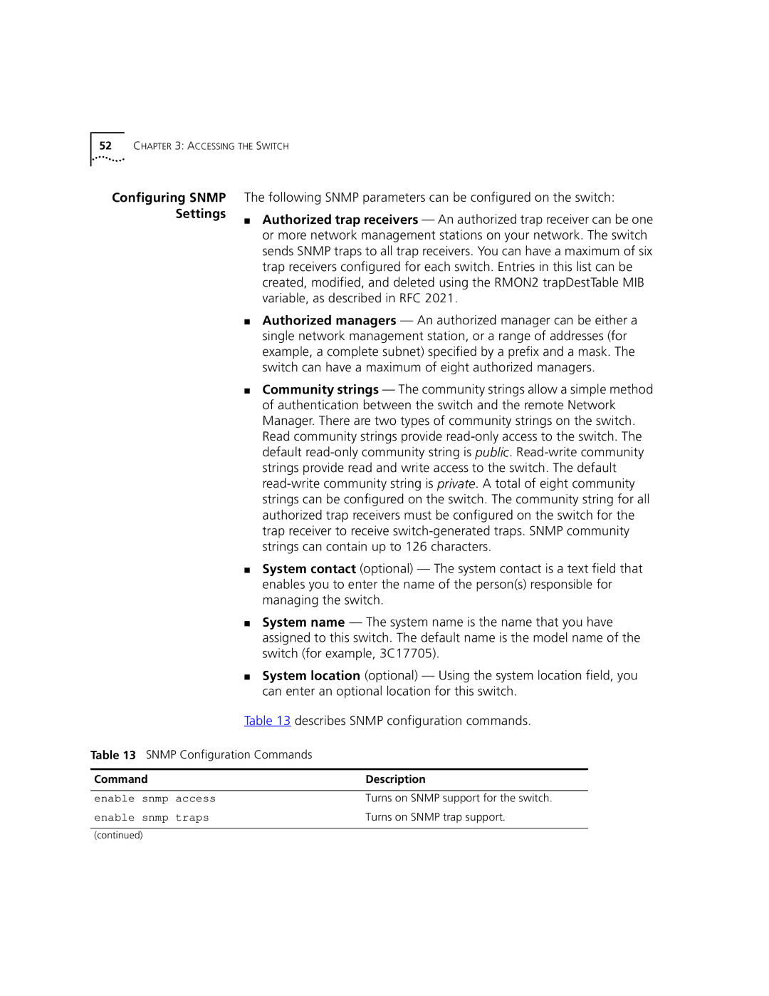 3Com 9100 manual Enable Snmp access, Enable Snmp traps 