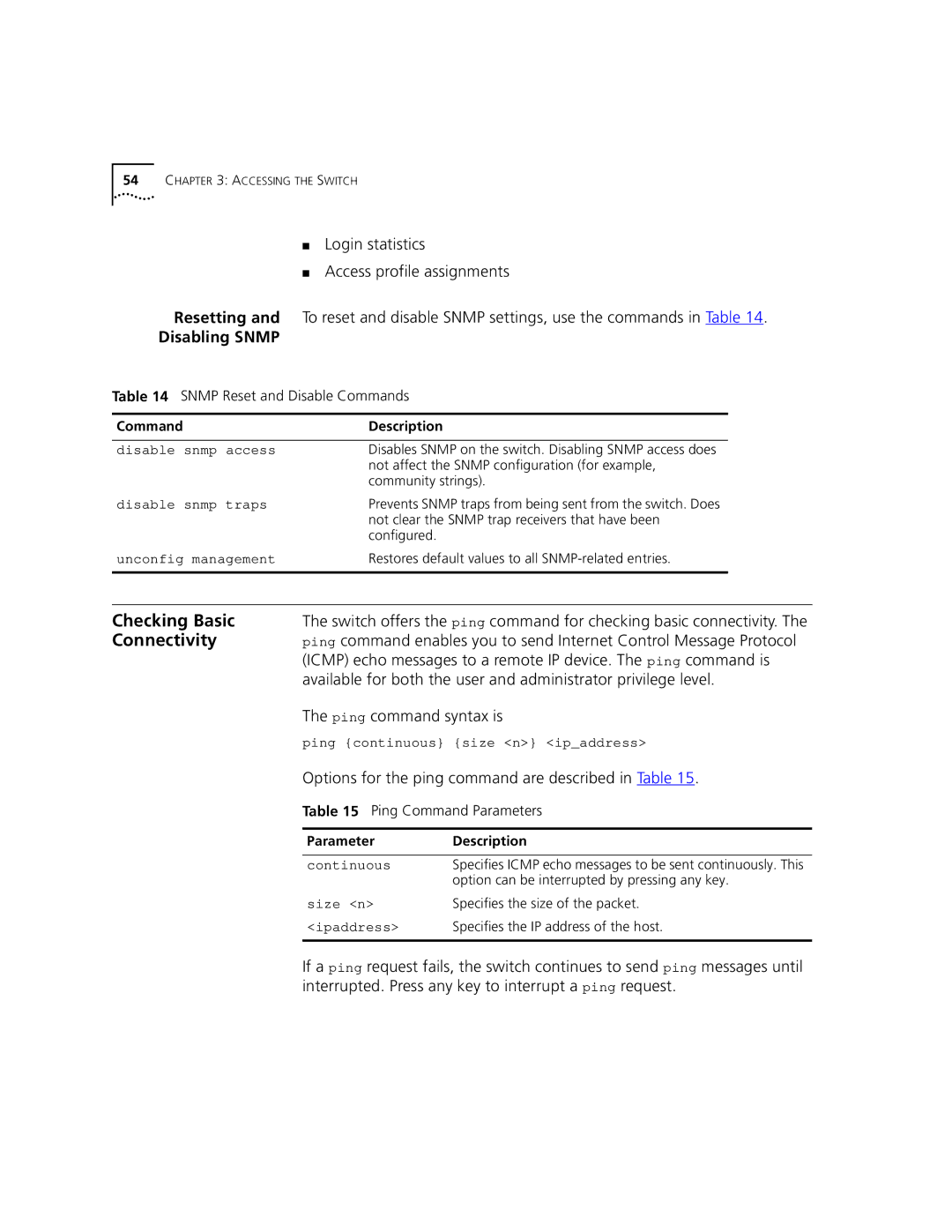 3Com 9100 manual Checking Basic, Connectivity, Disabling Snmp, Ping command syntax is 