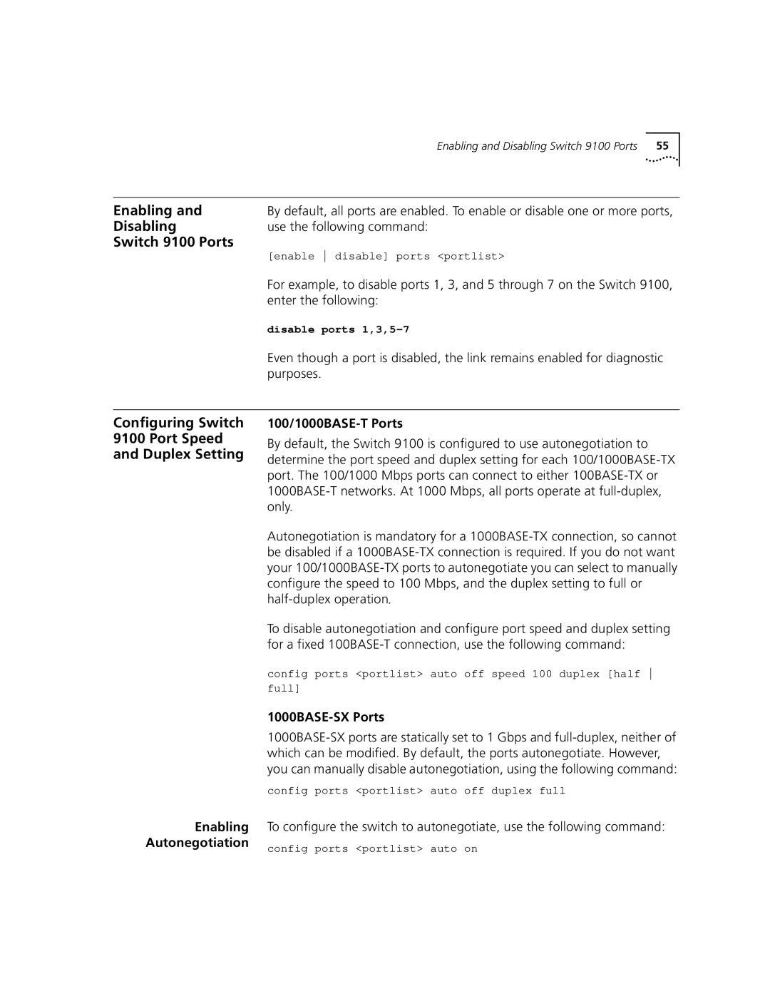 3Com manual Enabling, Disabling, Switch 9100 Ports, Configuring Switch Port Speed Duplex Setting 