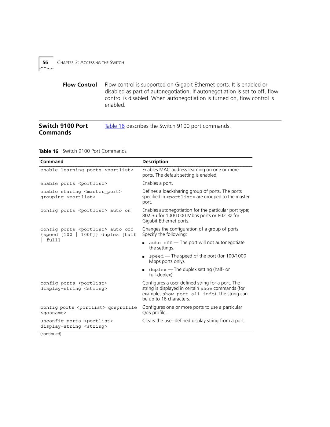 3Com 9100 Enable learning ports portlist, Enable ports portlist, Enable sharing masterport, Grouping portlist, Qosname 