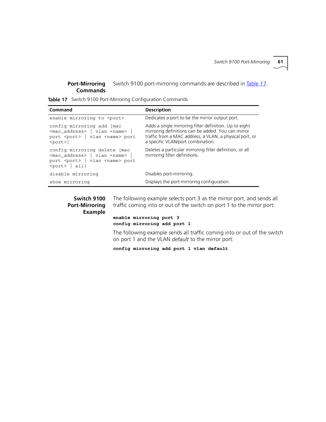 3Com 9100 manual Commands, Example, Disable mirroring, Show mirroring 