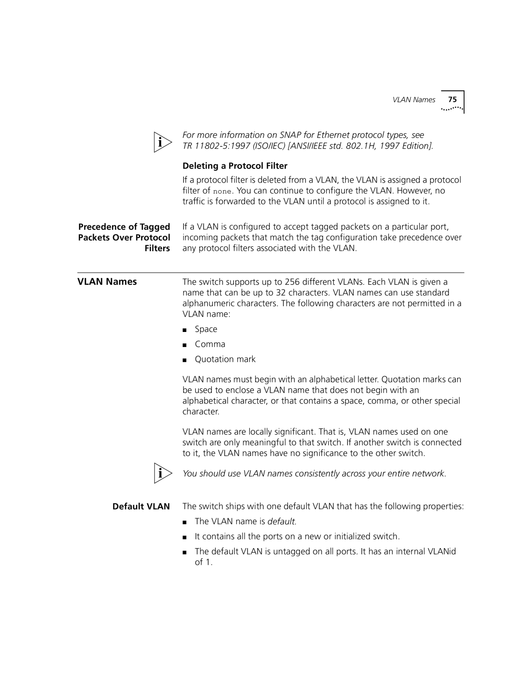 3Com 9100 manual Vlan Names, Deleting a Protocol Filter, Packets Over Protocol 