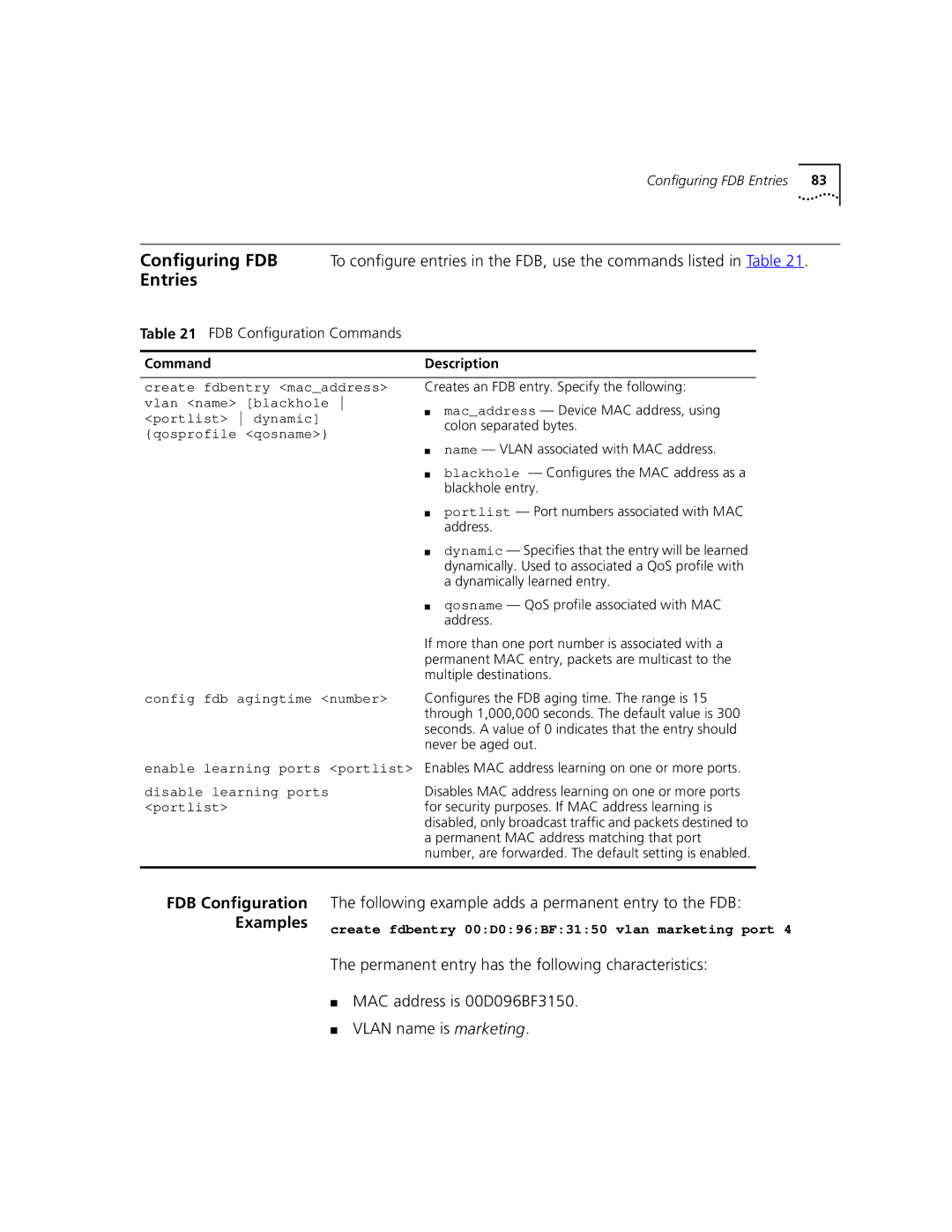 3Com 9100 manual Entries, Following example adds a permanent entry to the FDB, Config fdb agingtime number, Portlist 