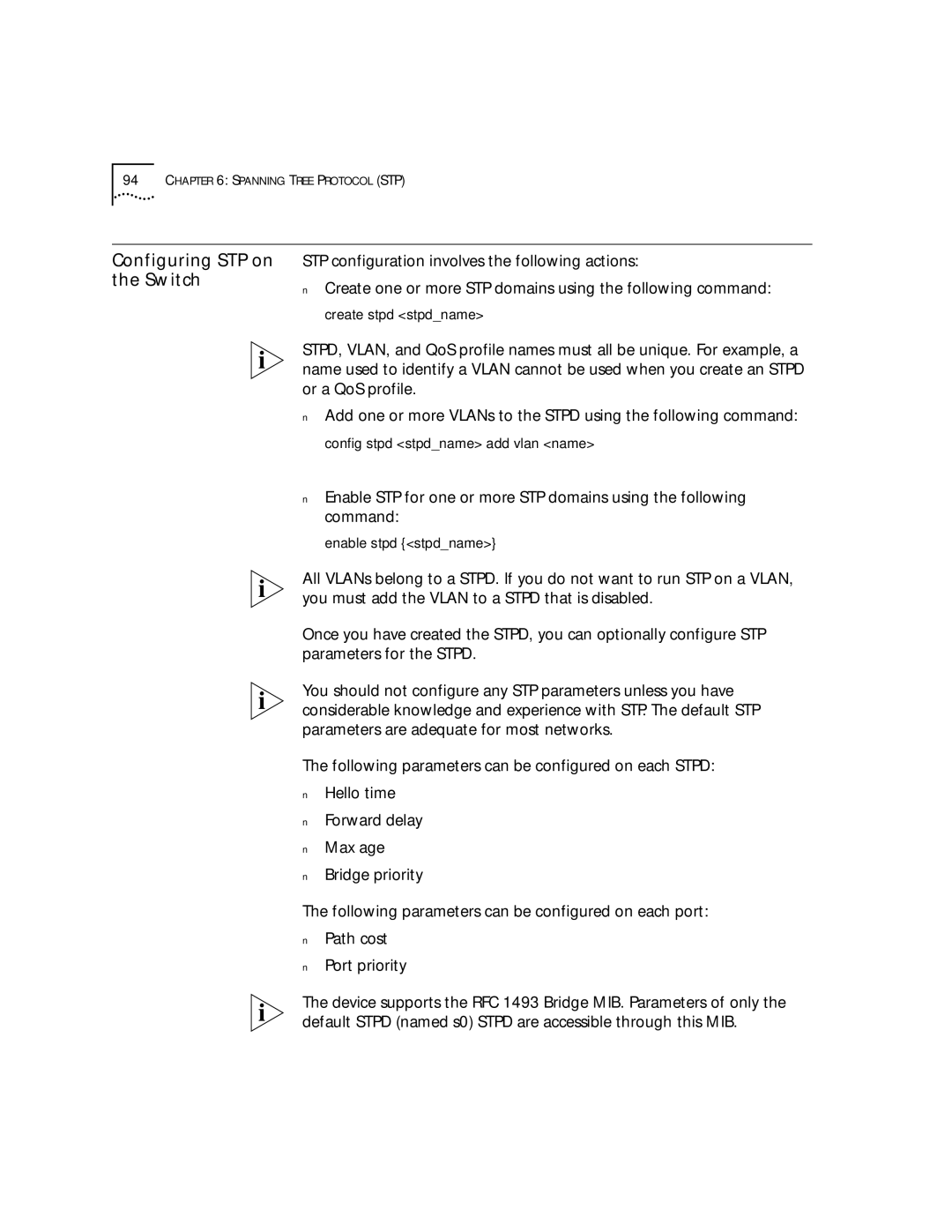 3Com 9100 Configuring STP on the Switch, Create stpd stpdname, Config stpd stpdname add vlan name, Enable stpd stpdname 