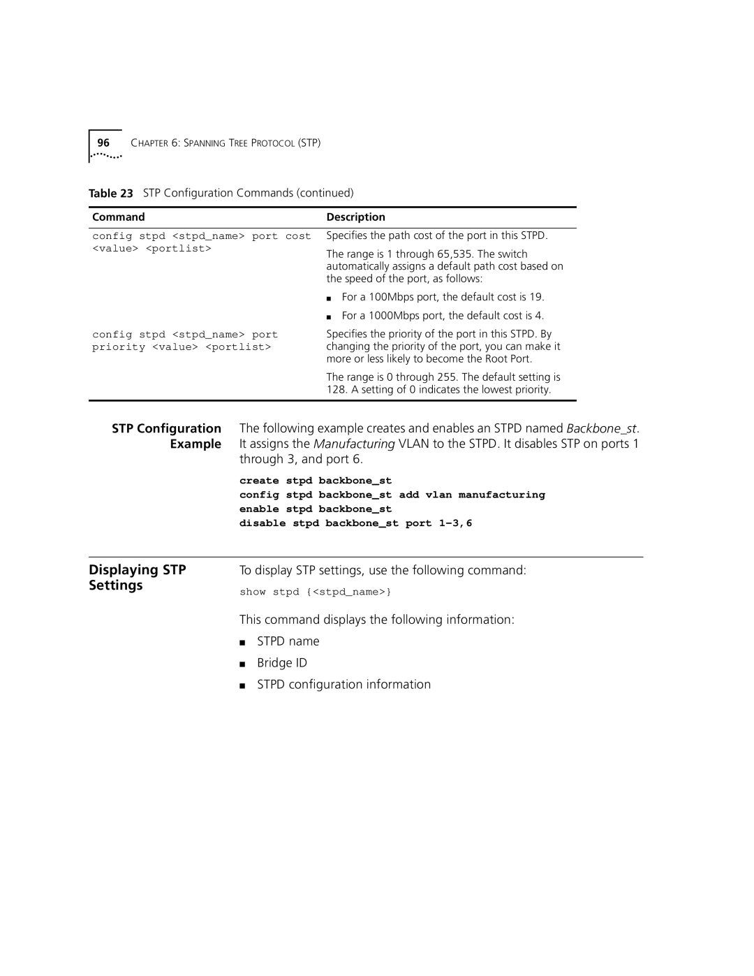 3Com 9100 manual Displaying STP, Settings, Through 3, and port 