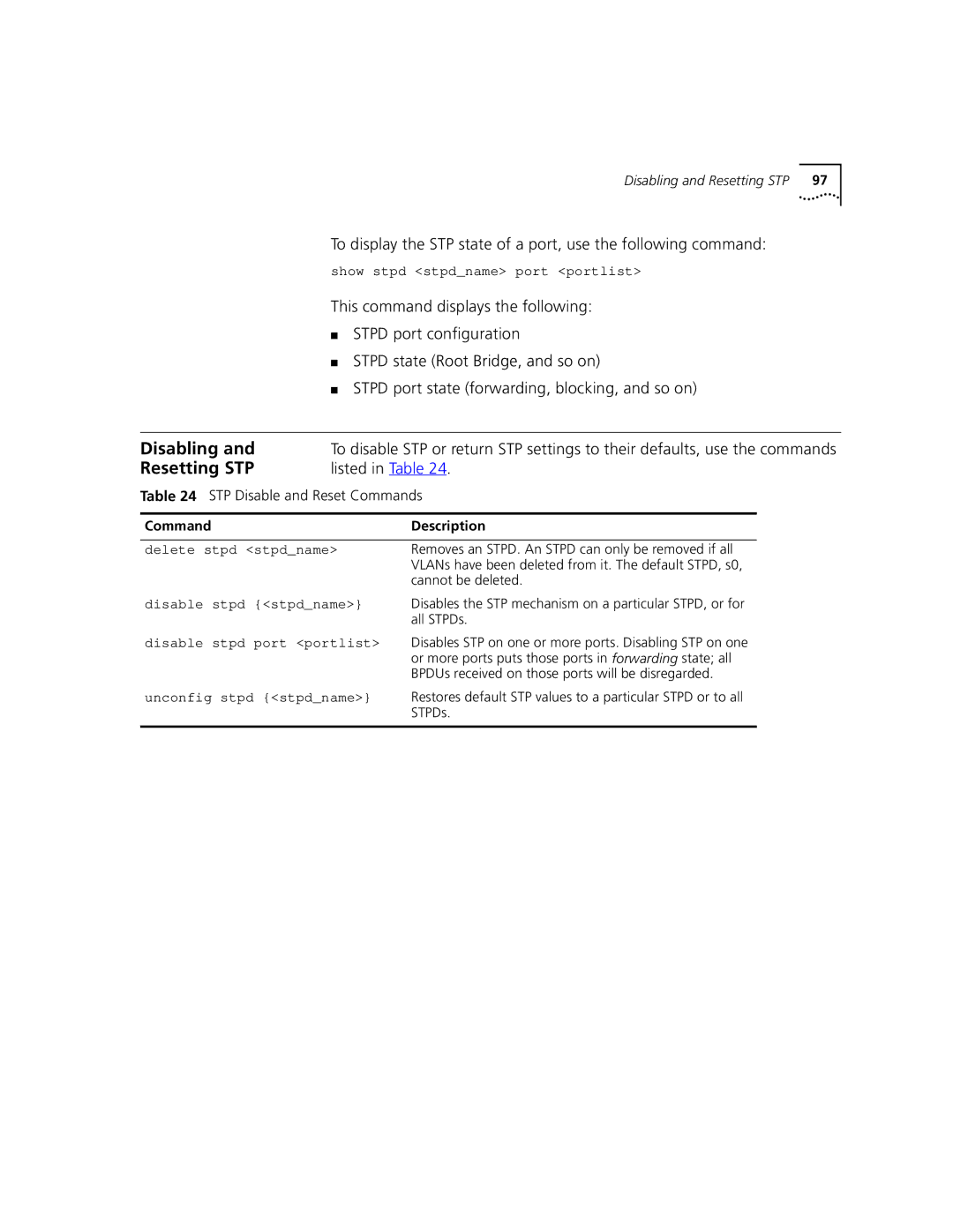 3Com 9100 manual Resetting STP, Listed in Table 