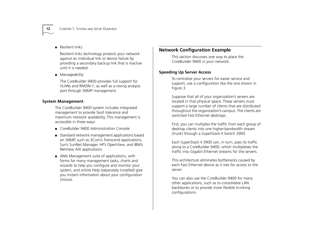 3Com 9400 manual Network Configuration Example, System Management, Speeding Up Server Access 