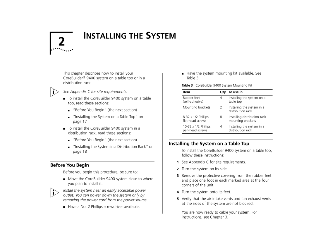 3Com 9400 manual Before You Begin, Installing the System on a Table Top, Qty To use 