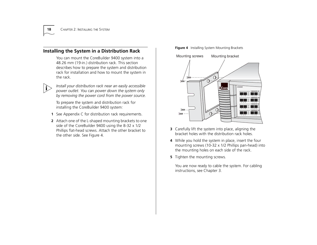 3Com 9400 manual Installing the System in a Distribution Rack, Installing System Mounting Brackets 
