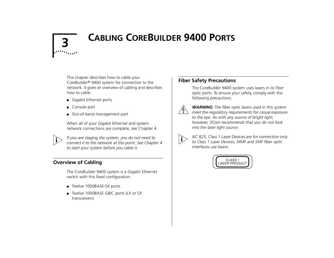 3Com 9400 manual Overview of Cabling, Fiber Safety Precautions 