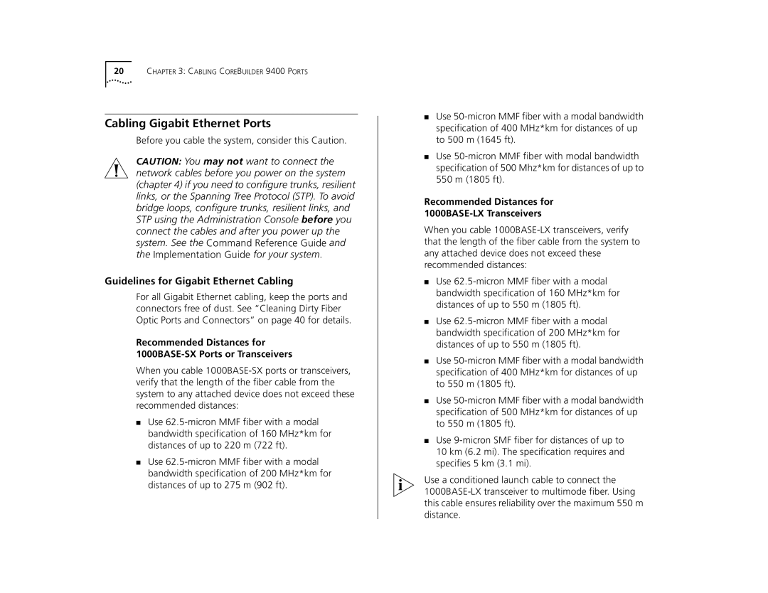 3Com 9400 manual Cabling Gigabit Ethernet Ports, Guidelines for Gigabit Ethernet Cabling 