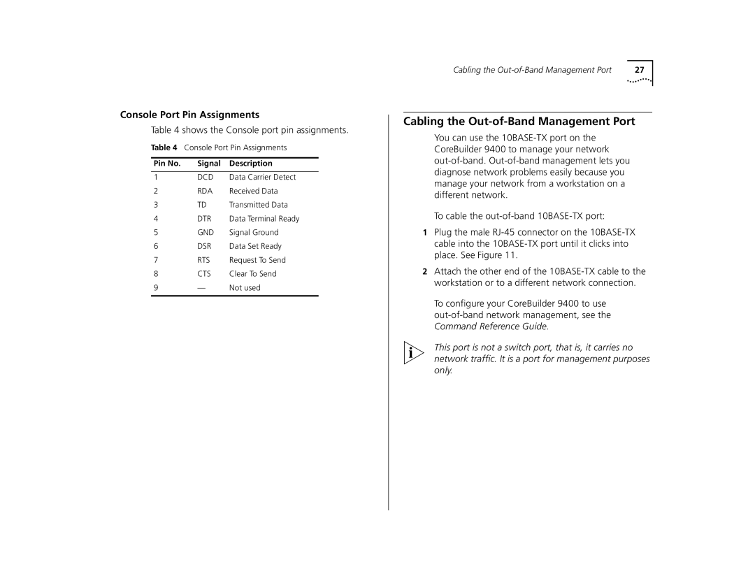 3Com 9400 manual Cabling the Out-of-Band Management Port, Console Port Pin Assignments, Pin No Signal Description 