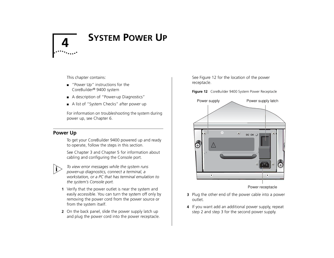 3Com 9400 manual System Power UP, Power Up 