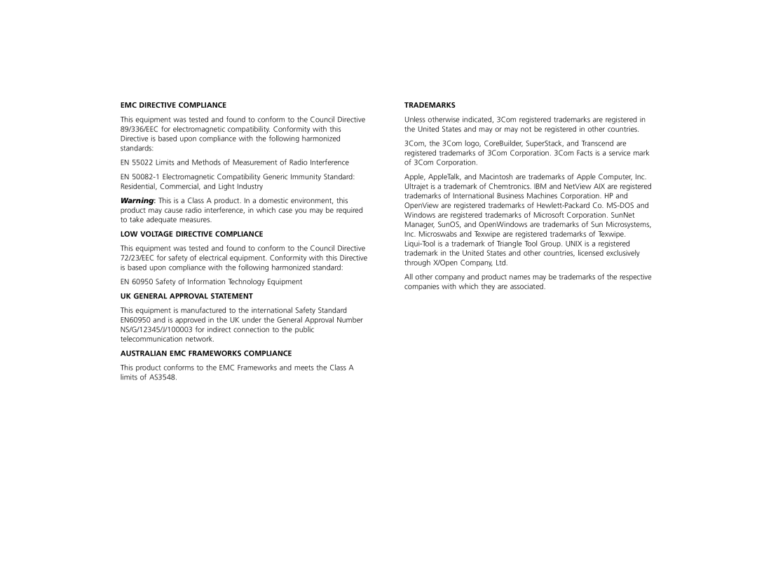 3Com 9400 manual Australian EMC Frameworks Compliance 