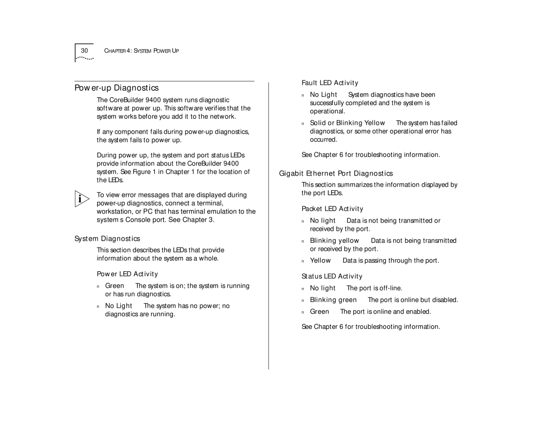 3Com 9400 manual Power-up Diagnostics, System Diagnostics, Gigabit Ethernet Port Diagnostics 